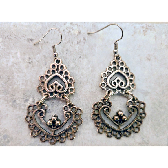 Handmade in Israel Pewter Style Large Dangle Earrings Silver Tone - Picture 5 of 6